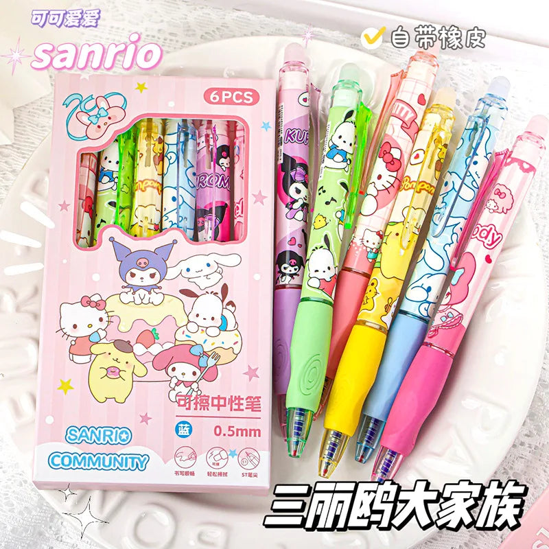 6pcs Kawaii Children Gel Pen Hello Kitty Cartoon Kuromi ST Erasable Black 0.5mm Press The Ballpoint Pen Learning Stationery Gift exovai.com