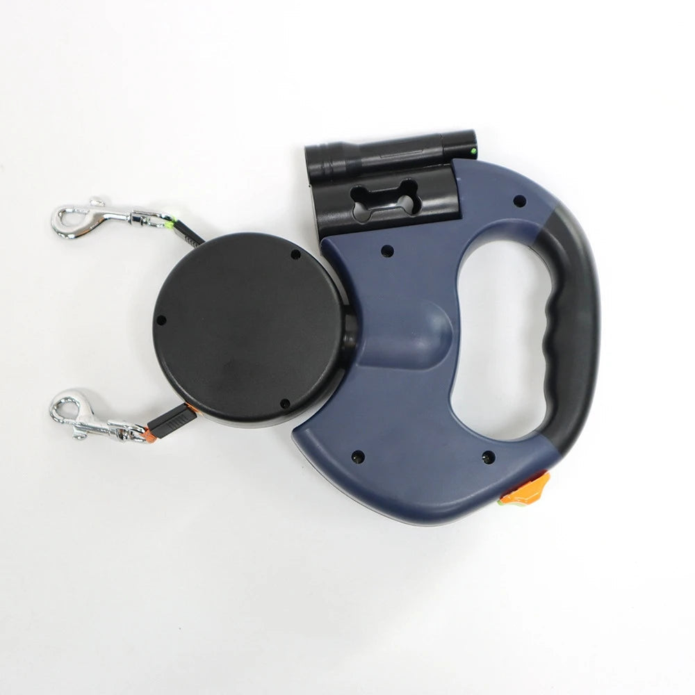 2 In1 Multi-functional LED Light Pet Leash Automatic Retractable 3M/5M Reflective 360 Swivel Dual Dog Leash with Bag Container exovai.com