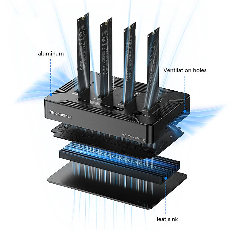 Blueendless 4 bay M.2 NVME SSD Docking Station with offline clone USB4 40Gbps M2 Nvme PCIE SSD enclosure external harddisk case exovai.com