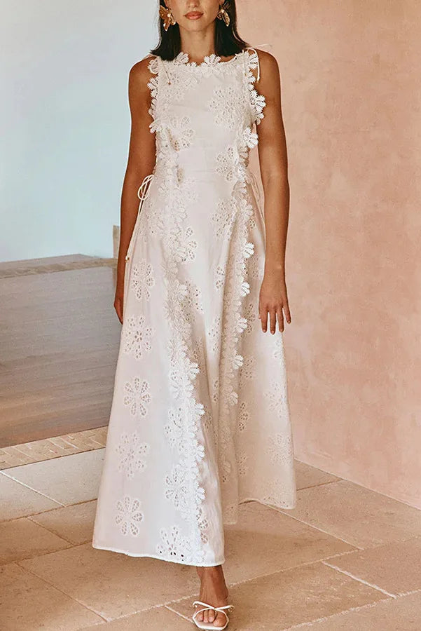 2025 Summer New Fashion Lace Embroidery Women Strap Resort Slimming Long Dress Simple Solid Color Female Banquet Dresses exovai.com