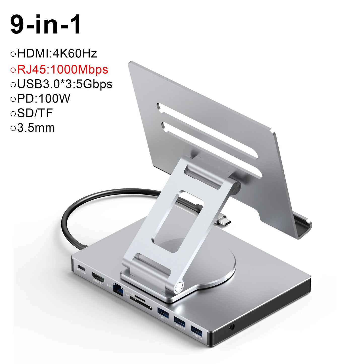 9-in-1 USB C HUB Tablet Holder Station 4K/60Hz HDMI USB3.0 1000Mbps Ethernet Data Transfer 360 Docking Stand for Tablet Phone exovai.com