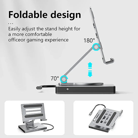 9-in-1 USB C HUB Tablet Holder Station 4K/60Hz HDMI USB3.0 1000Mbps Ethernet Data Transfer 360 Docking Stand for Tablet Phone exovai.com