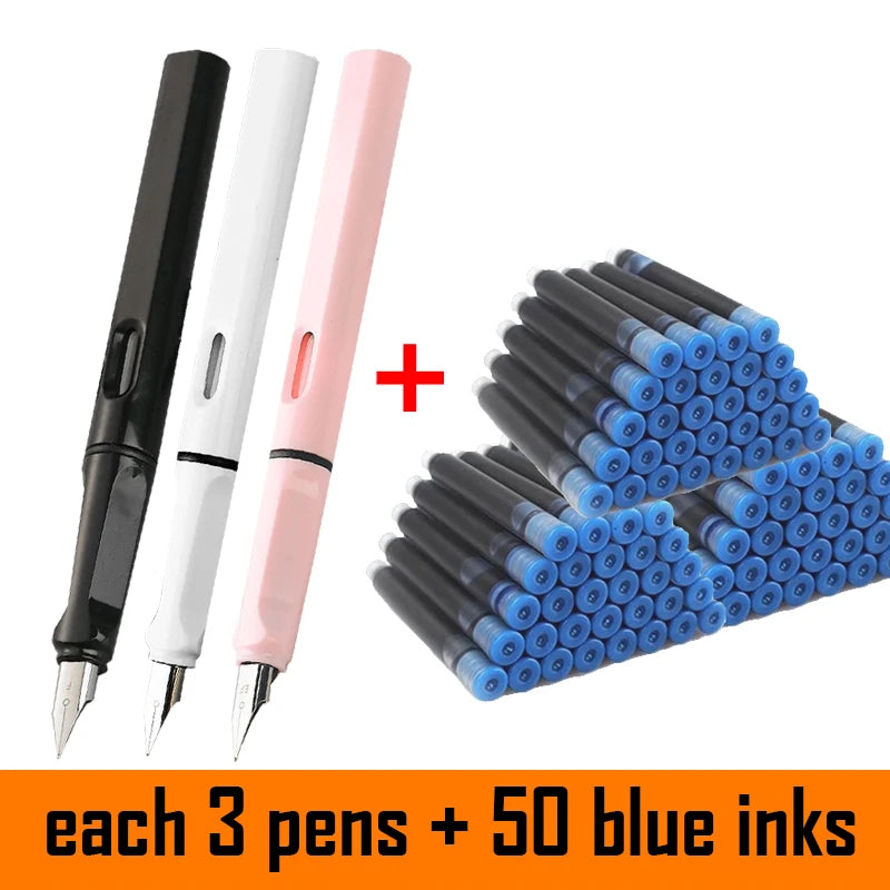 53Pcs Fountain Pen Set School Student Pens Replacable Ink Set Black/Blue/Red ink 0.38 mm Office Writing Supplies Stationery exovai.com