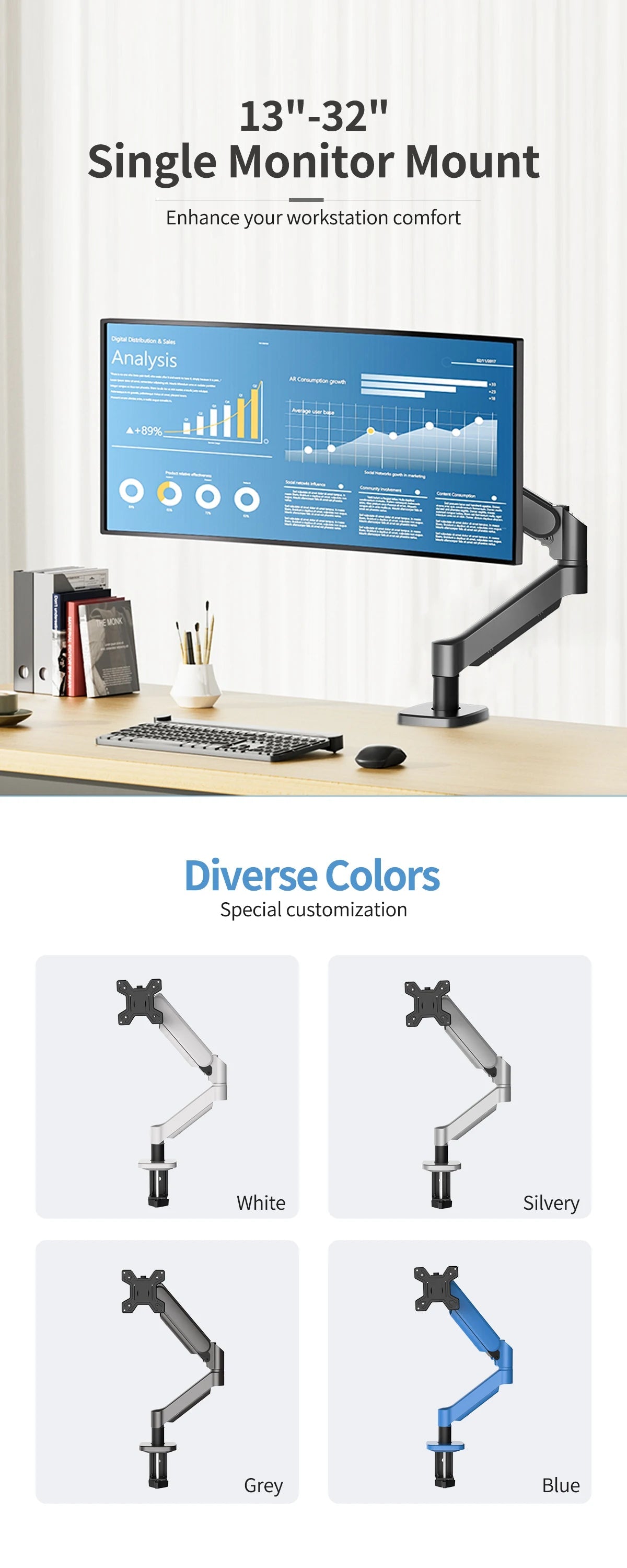 Hot Sale Computer Desk Monitor Mounting Bracket Height Adjustable 13 "-32" Screen Stock Aluminum Mono Gas Spring Monitor Arm exovai.com