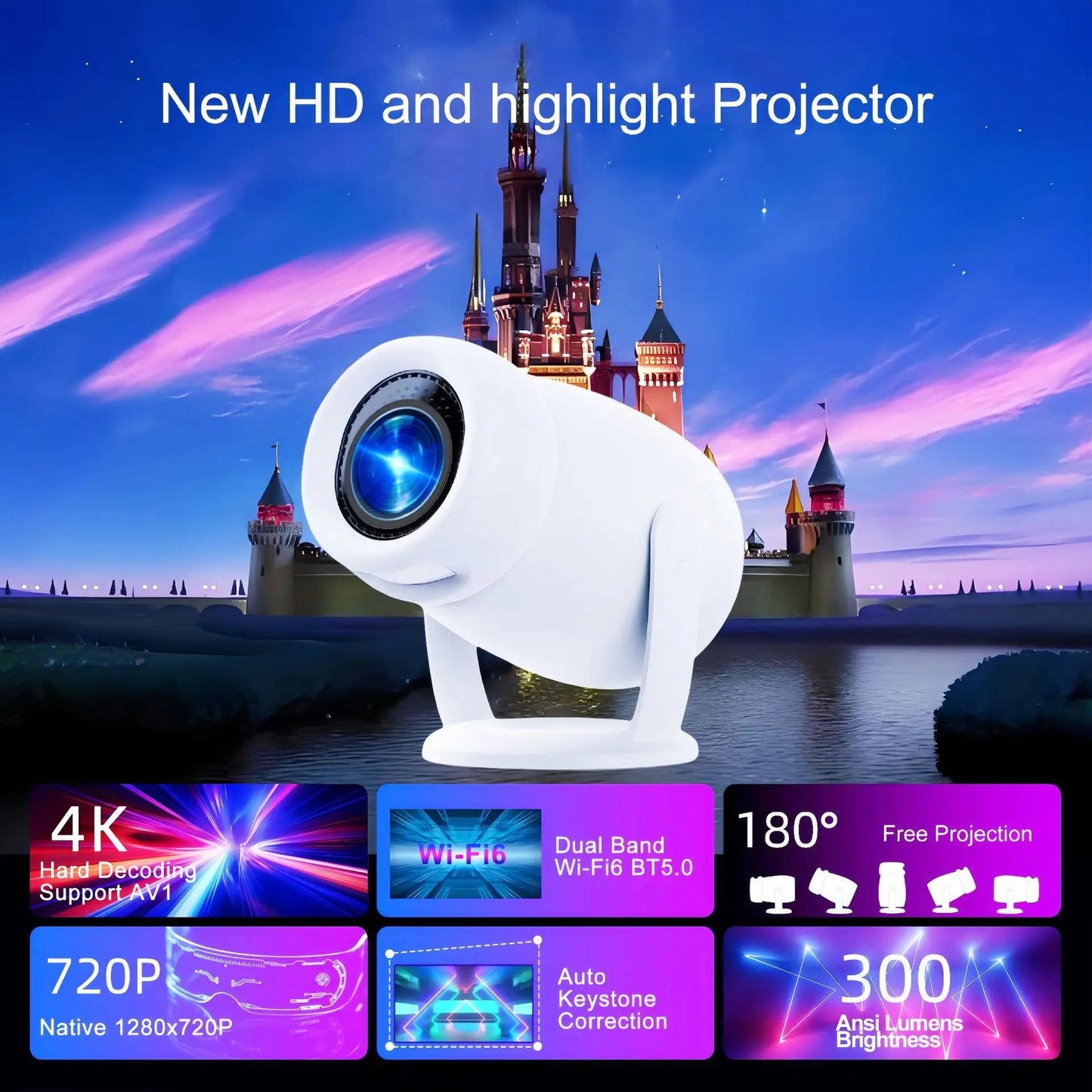 Xiaomi HD Mini Projector 4K Wifi6 Android 12 300 ANSI Dual Home BT5.0 1280*720P Portable Cinema Video Movie Player Home Theater exovai.com