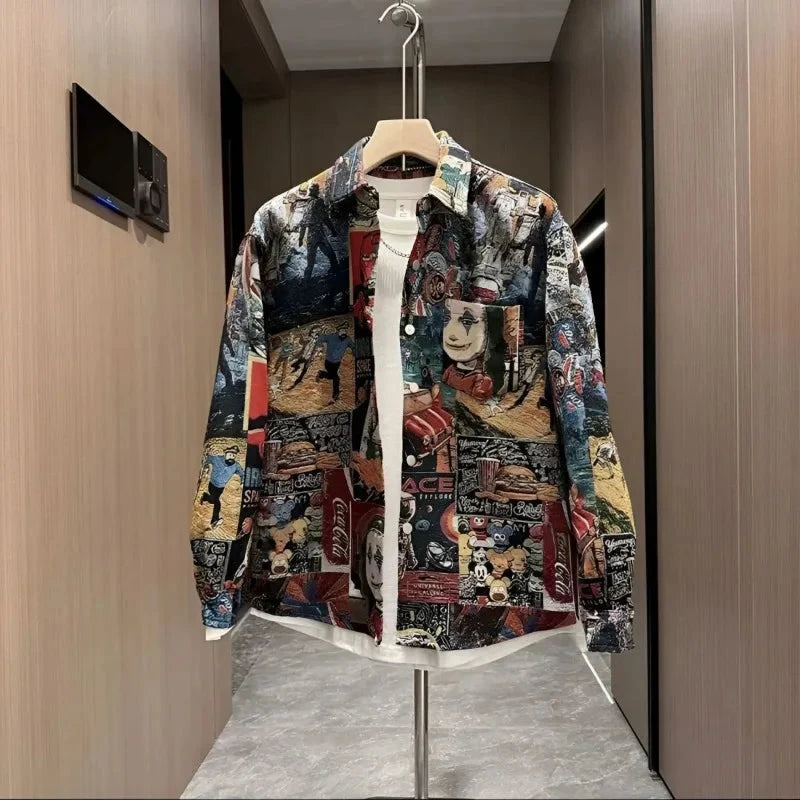 Men's Spring Autumn Fashion Casual Shirt New Style Painted Halo Ethnic Print High-end Loose Versatile Casual Jacket exovai.com