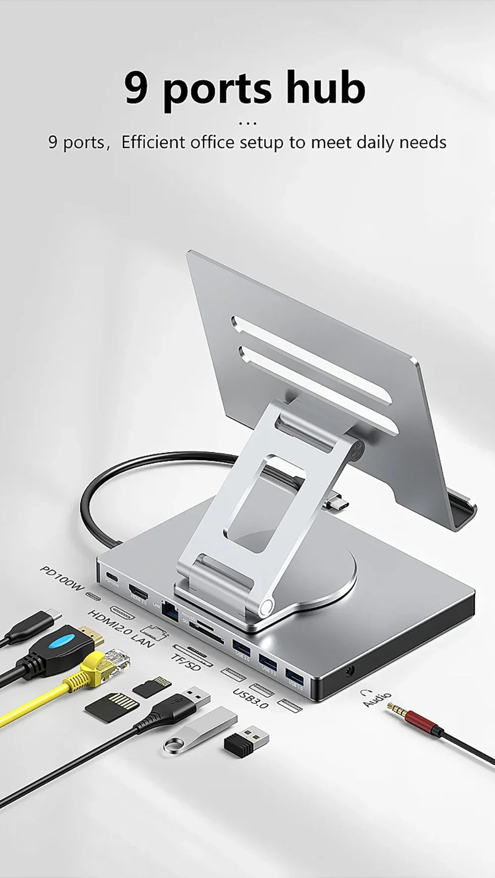 9-in-1 USB C HUB Tablet Holder Station 4K/60Hz HDMI USB3.0 1000Mbps Ethernet Data Transfer 360 Docking Stand for Tablet Phone exovai.com