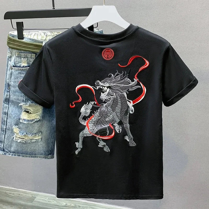 Summer Men T Shirt Harajuku Dragon Embroidery T Shirt Chinese Vintage Tees Tops Cotton Short Sleeve Casual Streetwear 09s Youth exovai.com
