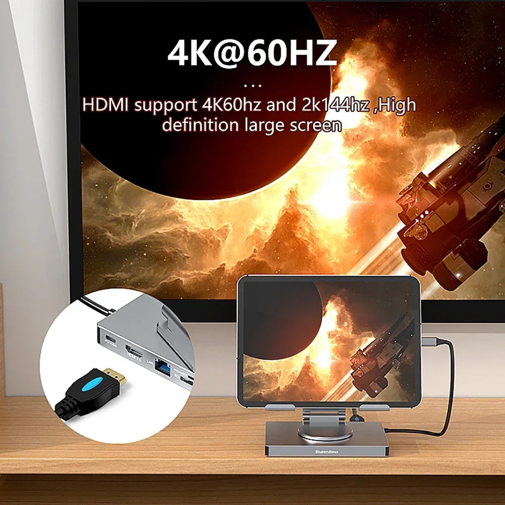 9-in-1 USB C HUB Tablet Holder Station 4K/60Hz HDMI USB3.0 1000Mbps Ethernet Data Transfer 360 Docking Stand for Tablet Phone exovai.com