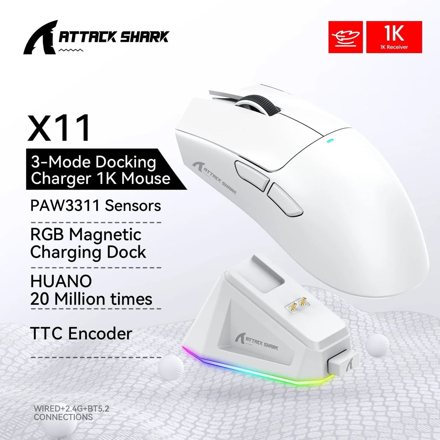 Attack Shark X11 Wireless Macro Gaming Mouse,Bluetooth Tri-Mode Connection, PixArt PAW3311, Touch Magnetic Charging Base exovai.com