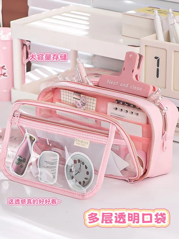 New Pencil Bag Kawaii Student Translucent Stationery Box DIY Large Capacity Stationery Storage Bag School Stationery Supplies exovai.com