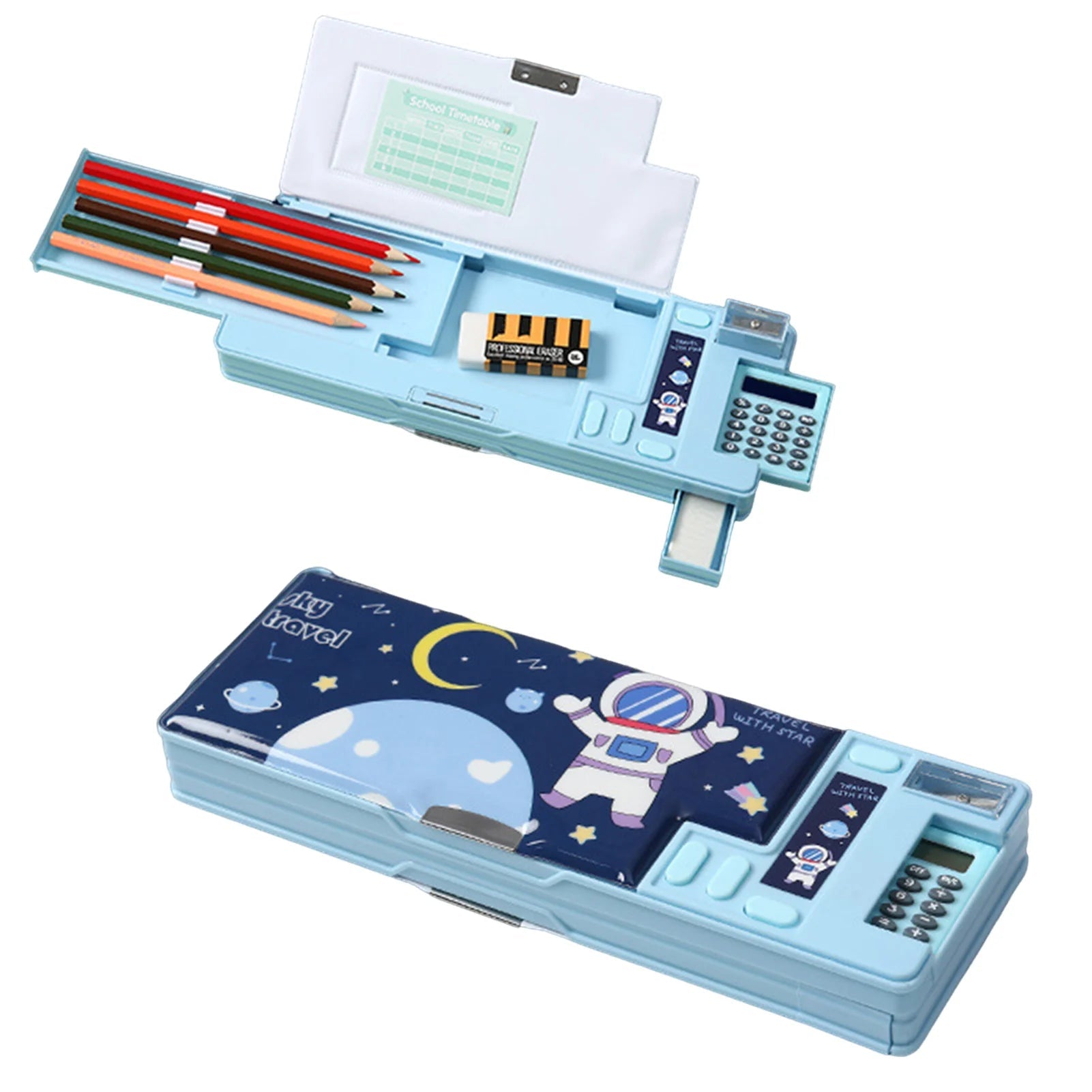 Pencil Cases Stationery Supplies School Cute Cartoon Universe Large Capacity Mulfunction with Calculator and Pencil Sharpener exovai.com
