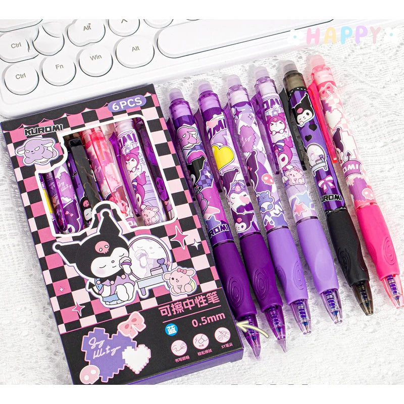 6pcs Kawaii Children Gel Pen Hello Kitty Cartoon Kuromi ST Erasable Black 0.5mm Press The Ballpoint Pen Learning Stationery Gift exovai.com
