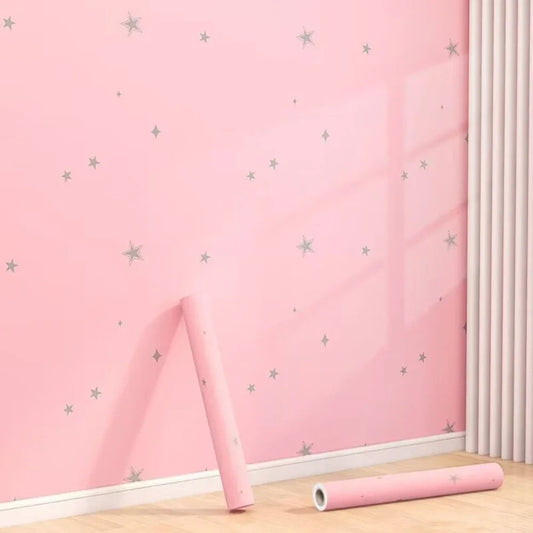 1 PCS Pink Girl's Room Self-adhesive Wallpaper Princess Room Bedroom Star Pattern Background Wall PVC Sticker Wallpaper exovai.com