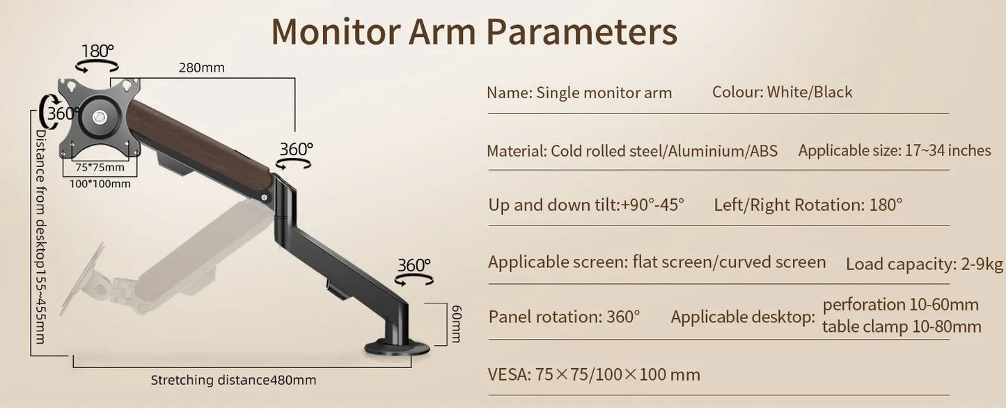 HILLPORT 17-34" Desktop Monitor Arm Holder Gas Spring Full Motion Mount Strut LCD LED TV Bracket Stand PC Soport Support M5 exovai.com