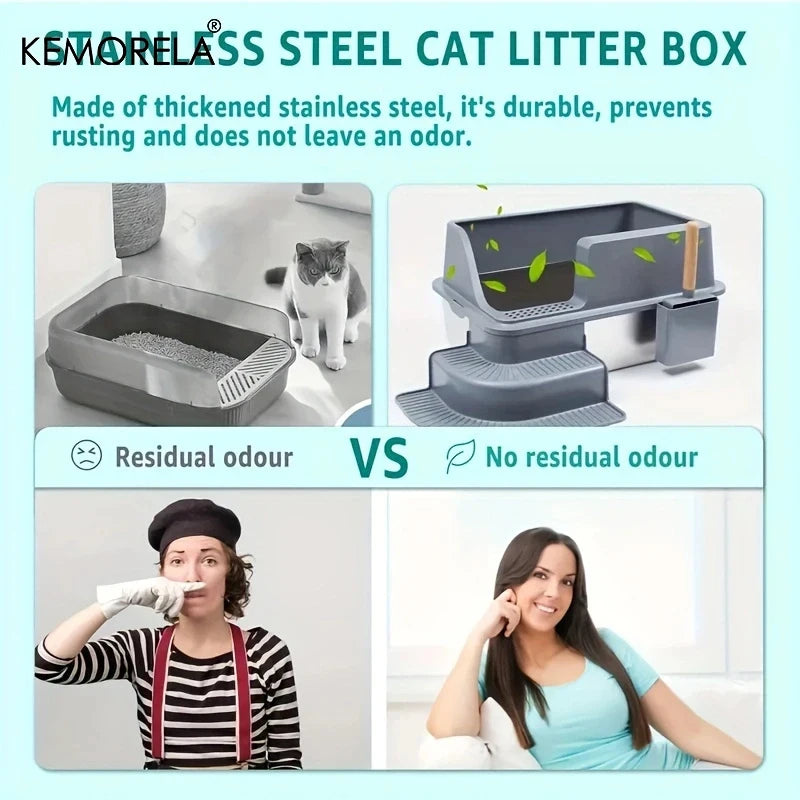 Extra Large 20L Stainless Steel Cat Litter Box With Stair Foot Pad Splash-Proof Easy To Clean Odorless Toilet Cat Litter Box exovai.com