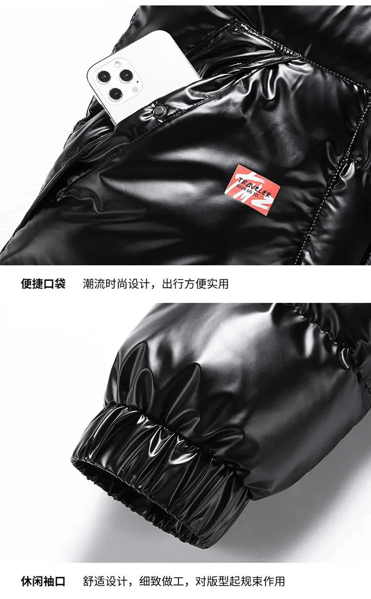 Men Parkas Thicken Warm Coat Men's Solid Color Parkas Coat Men's Fashion New Streetwear Winter Jacket Mens Glossy Black Jackets exovai.com