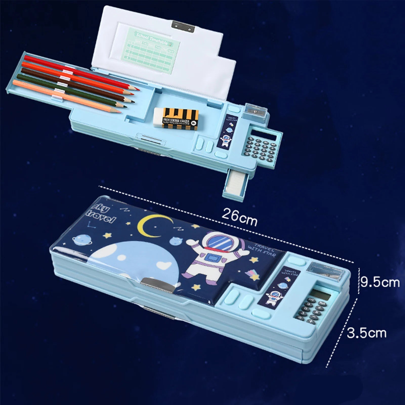 Pencil Cases Stationery Supplies School Cute Cartoon Universe Large Capacity Mulfunction with Calculator and Pencil Sharpener exovai.com