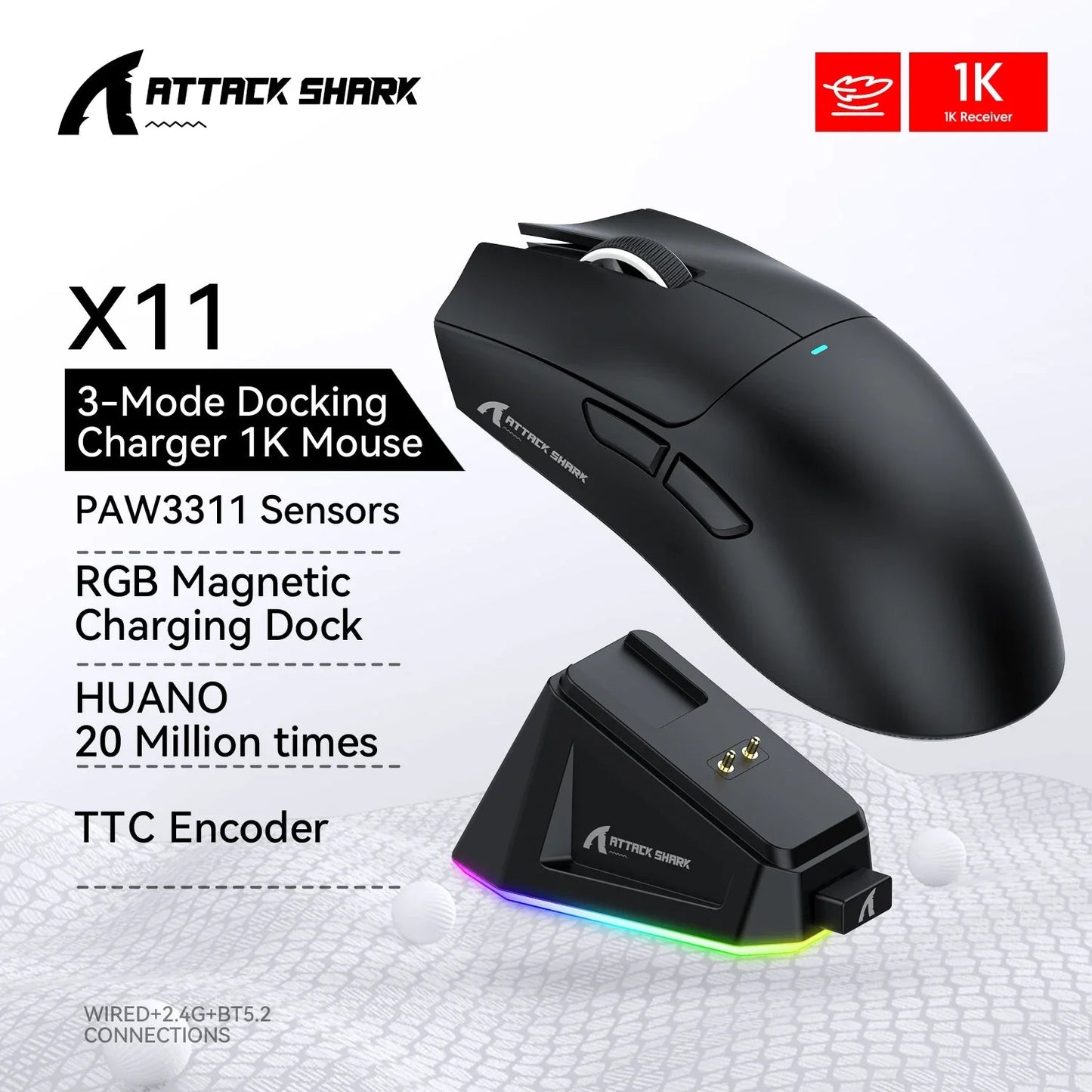 Attack Shark X11 Wireless Macro Gaming Mouse,Bluetooth Tri-Mode Connection, PixArt PAW3311, Touch Magnetic Charging Base exovai.com