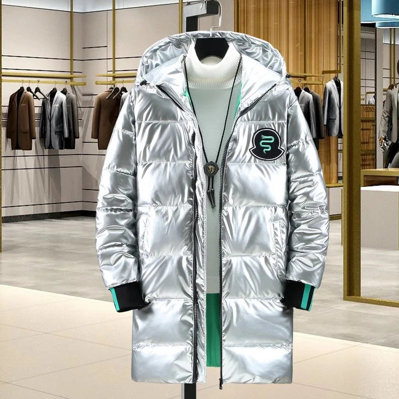 Winter 2024 Warm Light Long Parkas Waterproof Jacket Men Large Size Thicken Smooth Shiny Hooded Cotton-padded Coats Men exovai.com