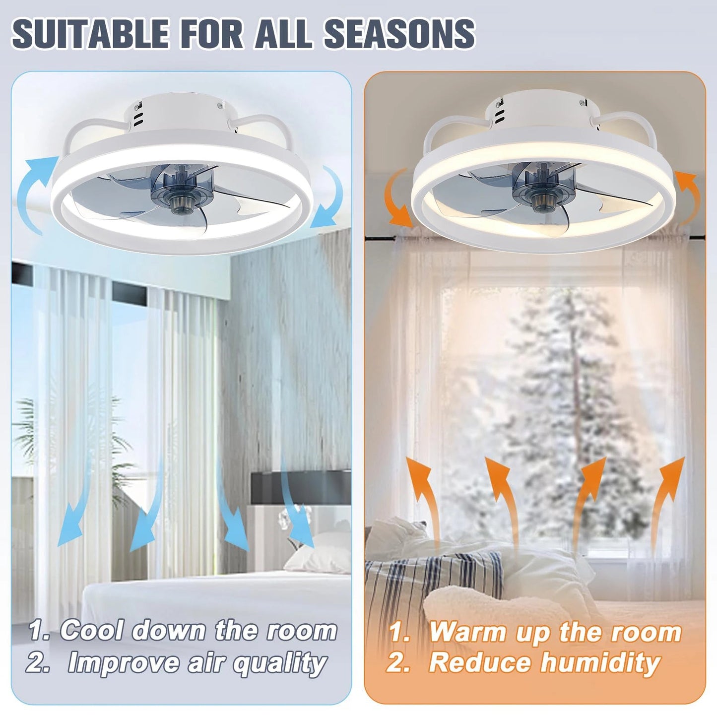 Ceiling fan with adjustable LED reversible blade timing and remote control, 5 invisible blades semi embedded installation exovai.com