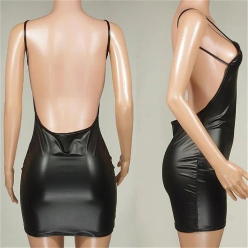 Sexy Faux Leather Dress Backless Club Party Short Dress Solid Black Wet Look Latex Bodycon Push Up Bra Mini Micro Dress exovai.com