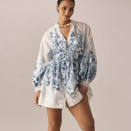 LuneluX™ – Vintage Puff Sleeve Stand Collar Dress Carmine Juneberry