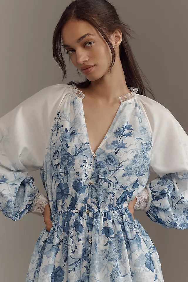 LuneluX™ – Vintage Puff Sleeve Stand Collar Dress Carmine Juneberry