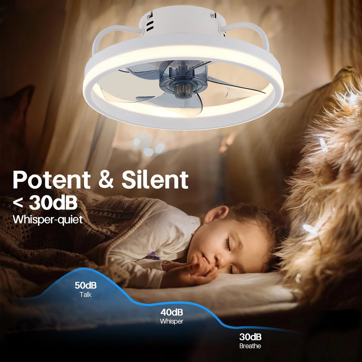 Ceiling fan with adjustable LED reversible blade timing and remote control, 5 invisible blades semi embedded installation exovai.com