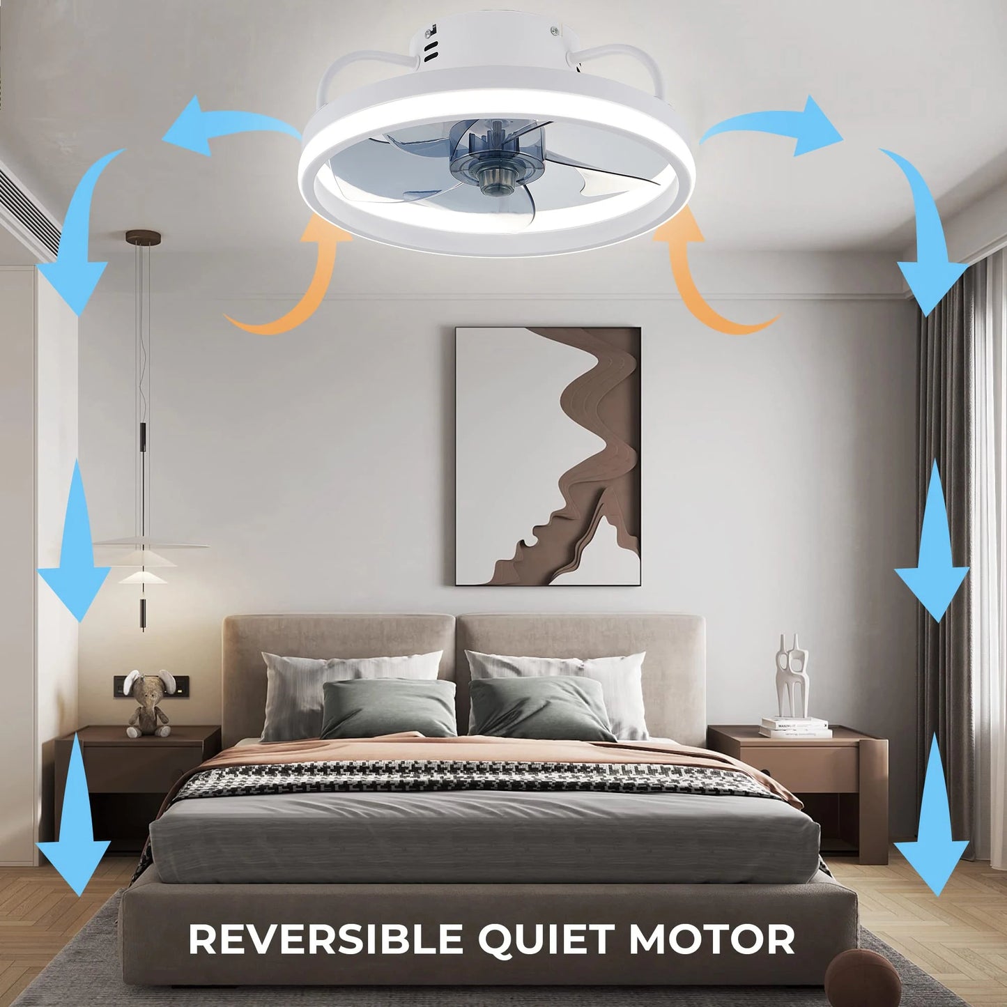 Ceiling fan with adjustable LED reversible blade timing and remote control, 5 invisible blades semi embedded installation exovai.com