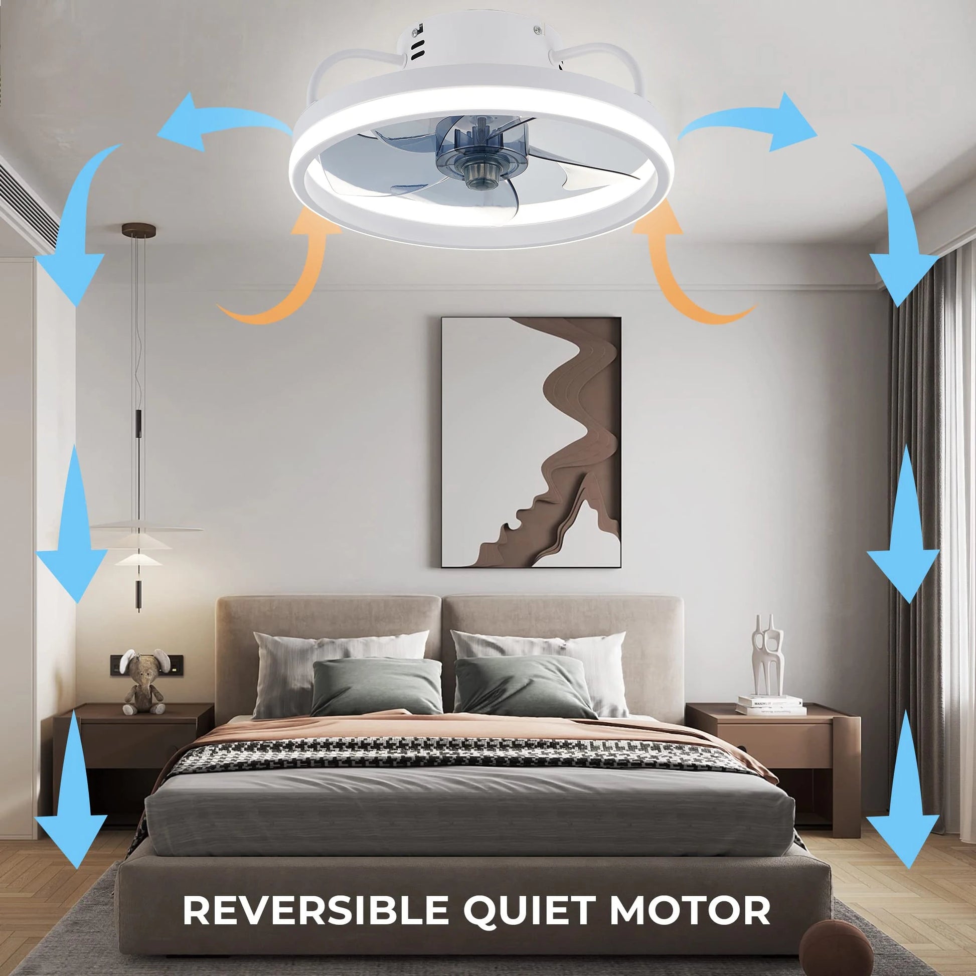 Ceiling fan with adjustable LED reversible blade timing and remote control, 5 invisible blades semi embedded installation exovai.com