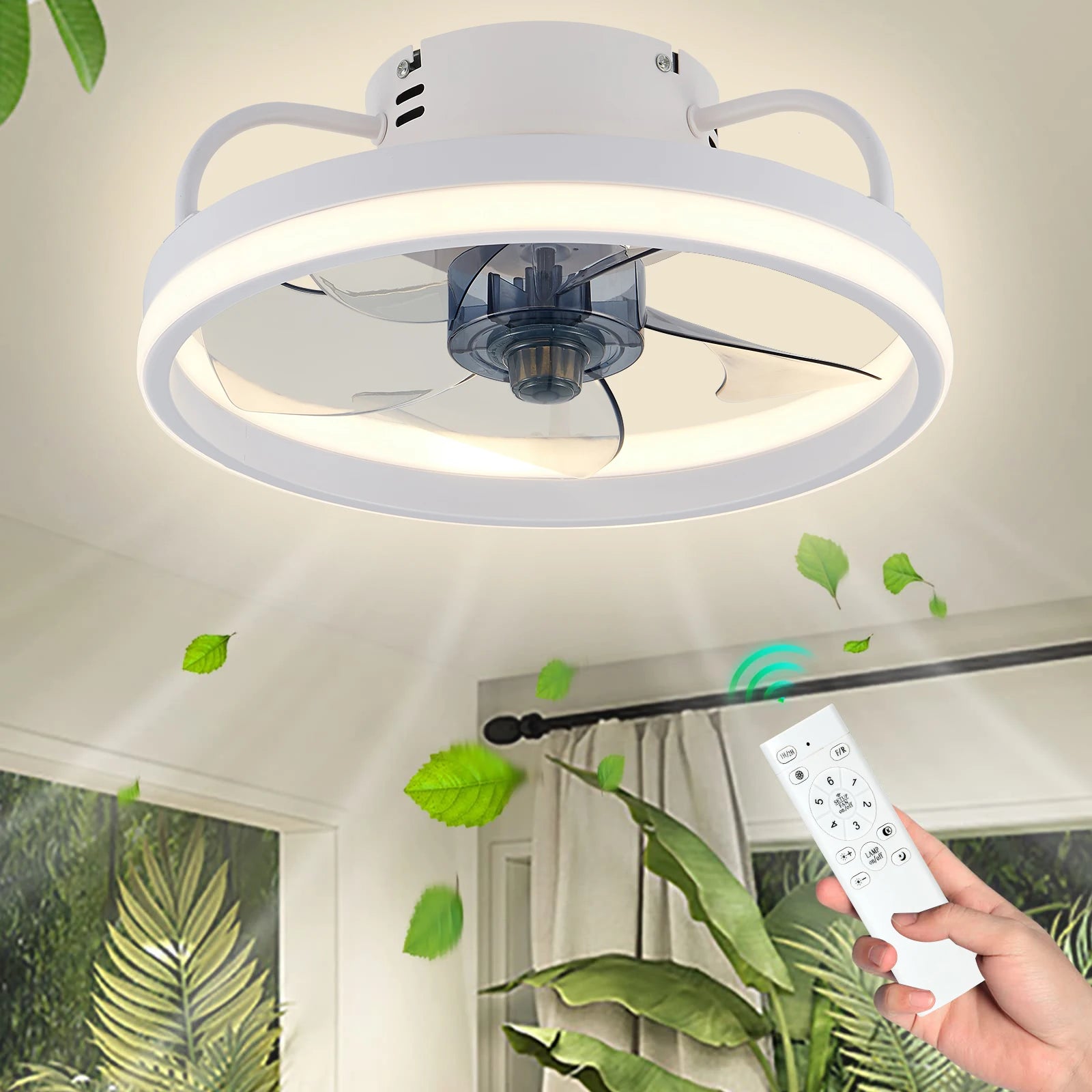 Ceiling fan with adjustable LED reversible blade timing and remote control, 5 invisible blades semi embedded installation exovai.com