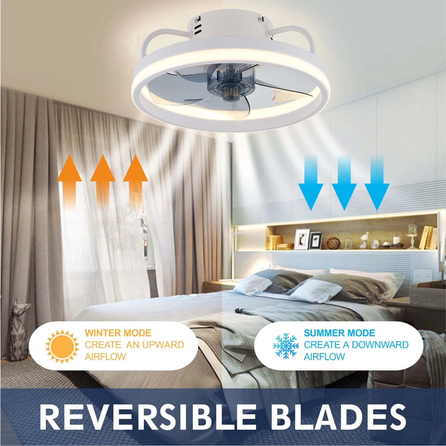 Ceiling fan with adjustable LED reversible blade timing and remote control, 5 invisible blades semi embedded installation exovai.com