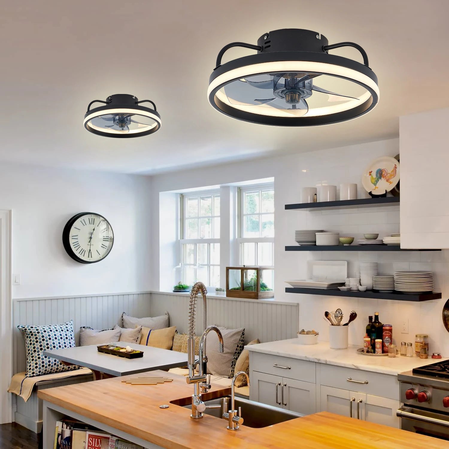Ceiling fan with adjustable LED reversible blade timing and remote control, 5 invisible blades semi embedded installation exovai.com