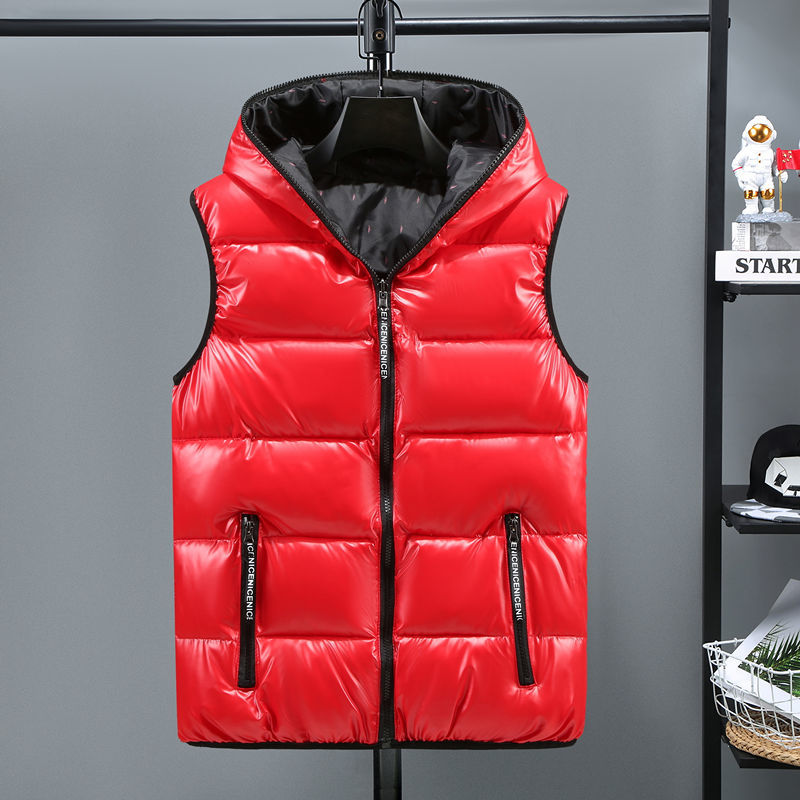 New Winter Men Bright Vest Hooded Warm Thicken Waistcoat Cotton-Padded Solid Color Waterproof Male Streetwear exovai.com