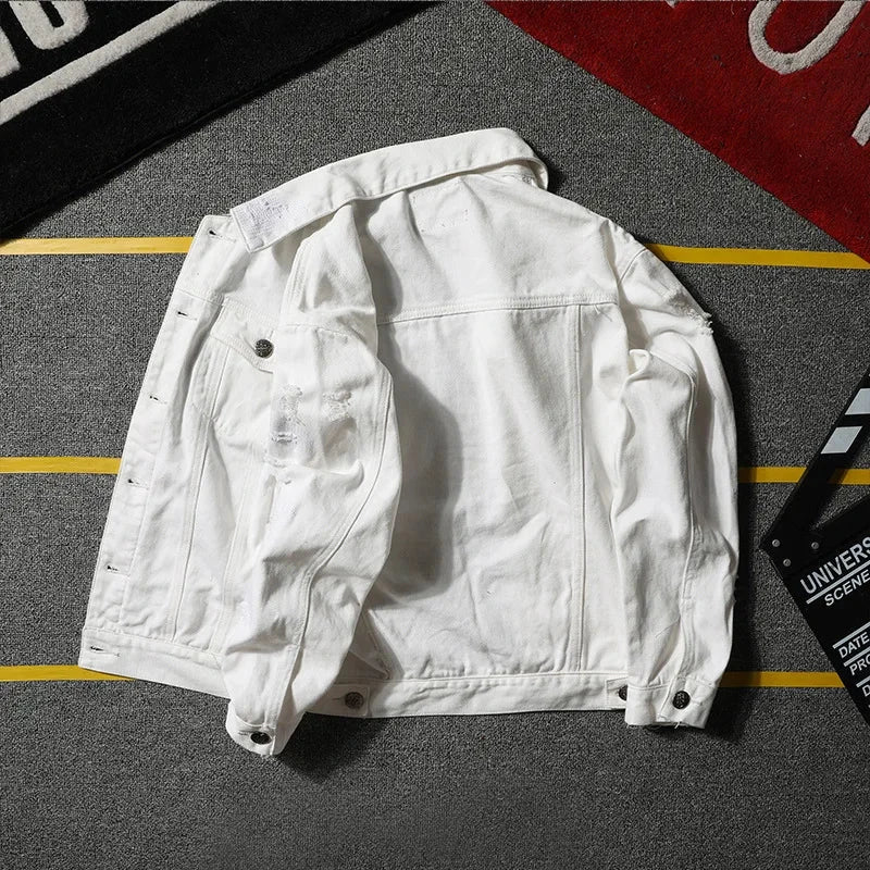 Autumn New Men's Jean Jacket Slim Fit Cotton Denim Jacket Red White Black Ripped Hole Jean Coats Men Cowboy Youth Men 5XL exovai.com