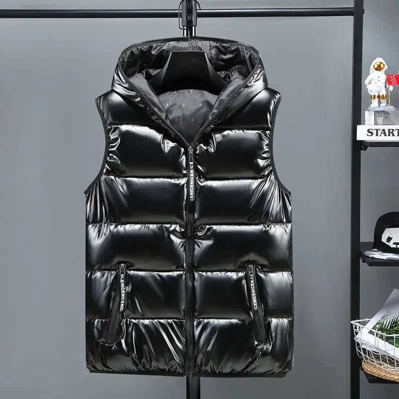 New Winter Men Bright Vest Hooded Warm Thicken Waistcoat Cotton-Padded Solid Color Waterproof Male Streetwear exovai.com
