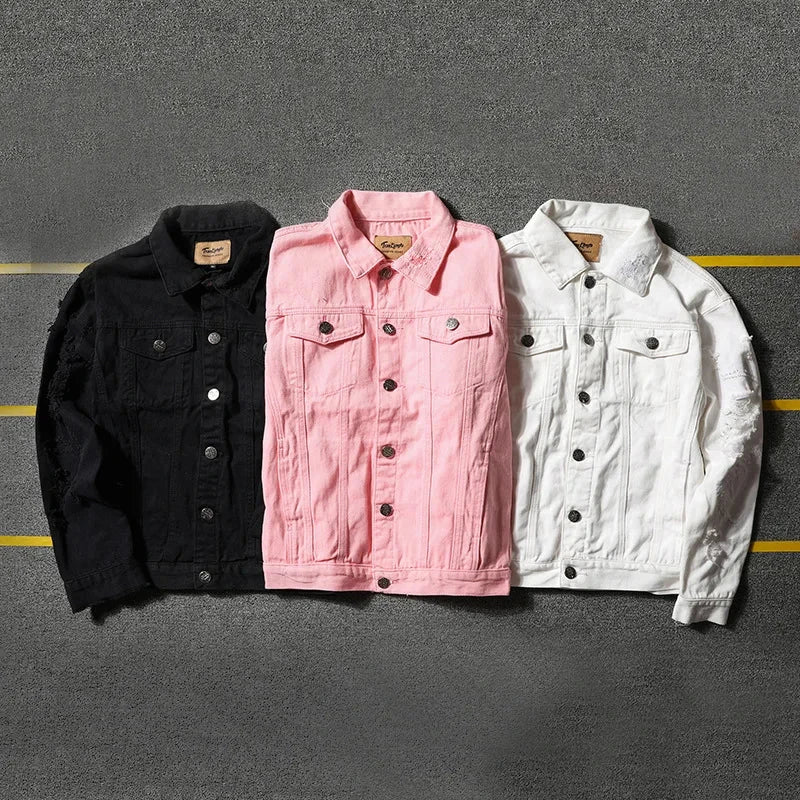 Autumn New Men's Jean Jacket Slim Fit Cotton Denim Jacket Red White Black Ripped Hole Jean Coats Men Cowboy Youth Men 5XL exovai.com