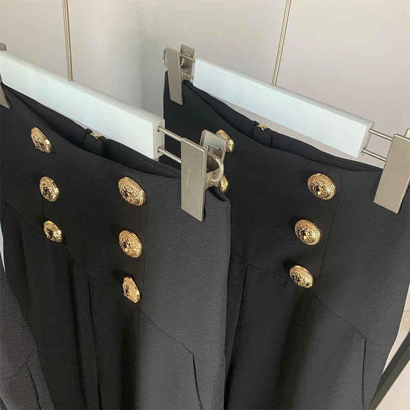 HarleyFashion Women New Arrival Summer Luxury Quality High Waist Buttons Wide-leg Maix Long Casual Loose Pants exovai.com