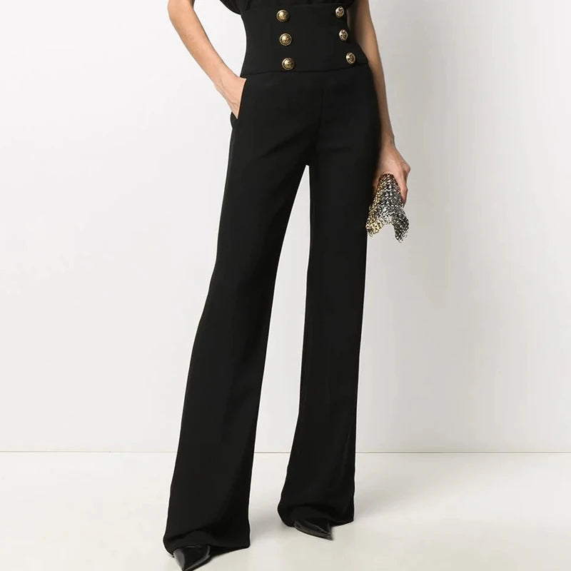 HarleyFashion Women New Arrival Summer Luxury Quality High Waist Buttons Wide-leg Maix Long Casual Loose Pants exovai.com