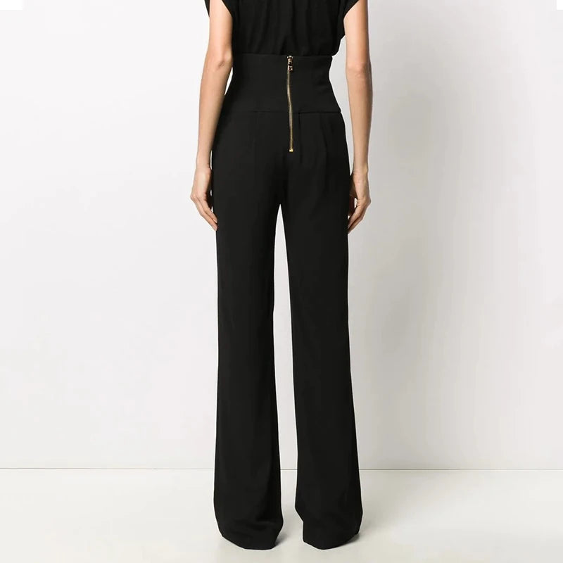 HarleyFashion Women New Arrival Summer Luxury Quality High Waist Buttons Wide-leg Maix Long Casual Loose Pants exovai.com