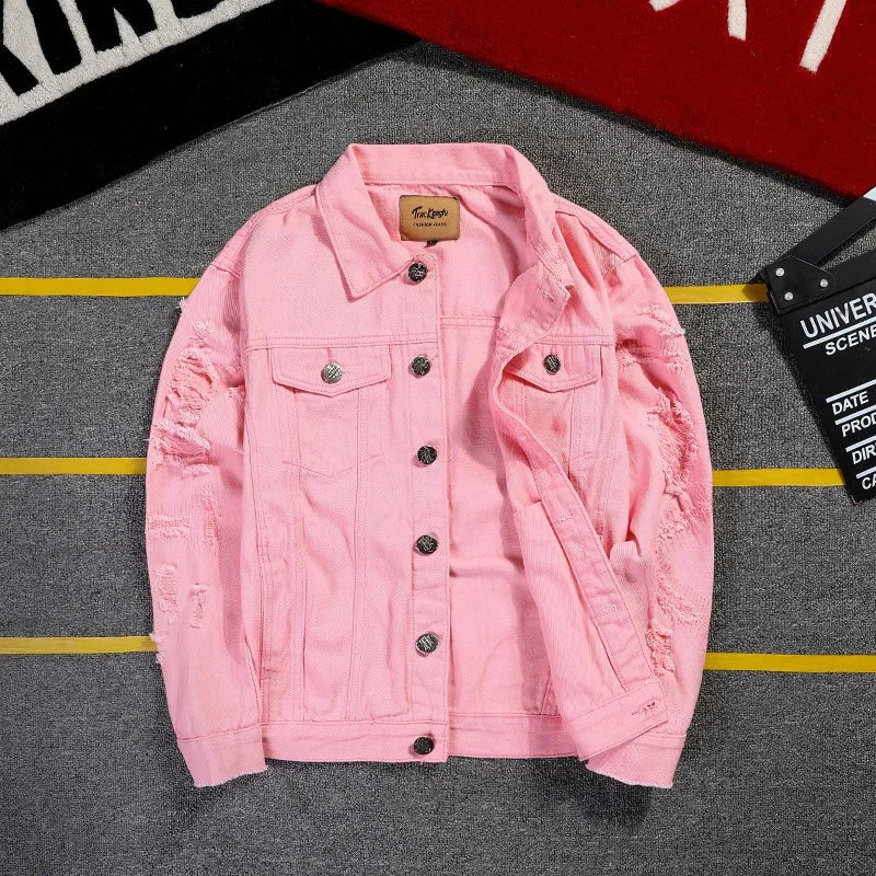 Autumn New Men's Jean Jacket Slim Fit Cotton Denim Jacket Red White Black Ripped Hole Jean Coats Men Cowboy Youth Men 5XL exovai.com