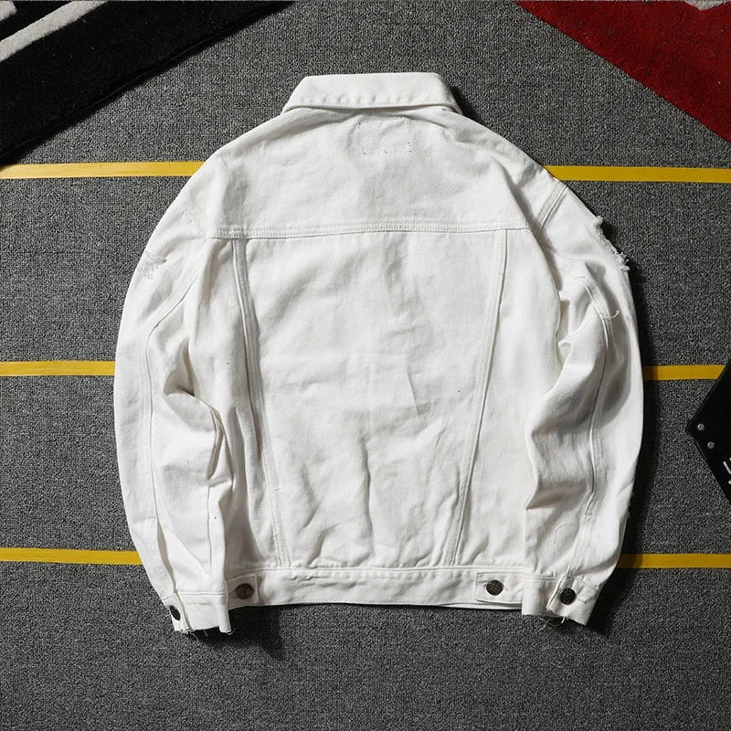 Autumn New Men's Jean Jacket Slim Fit Cotton Denim Jacket Red White Black Ripped Hole Jean Coats Men Cowboy Youth Men 5XL exovai.com