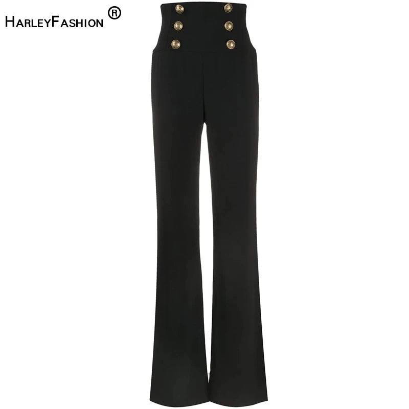 HarleyFashion Women New Arrival Summer Luxury Quality High Waist Buttons Wide-leg Maix Long Casual Loose Pants exovai.com