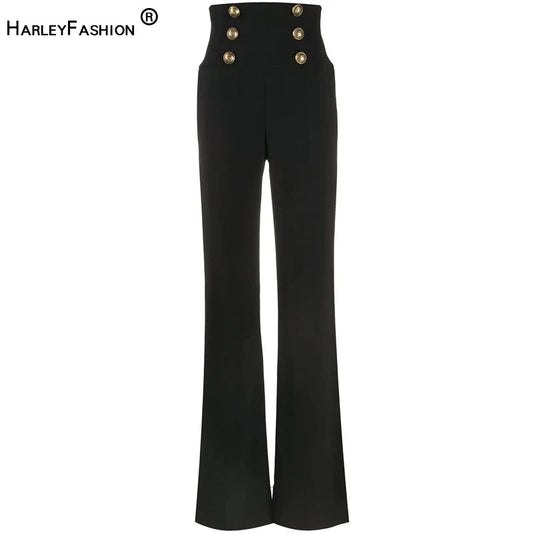 HarleyFashion Women New Arrival Summer Luxury Quality High Waist Buttons Wide-leg Maix Long Casual Loose Pants exovai.com