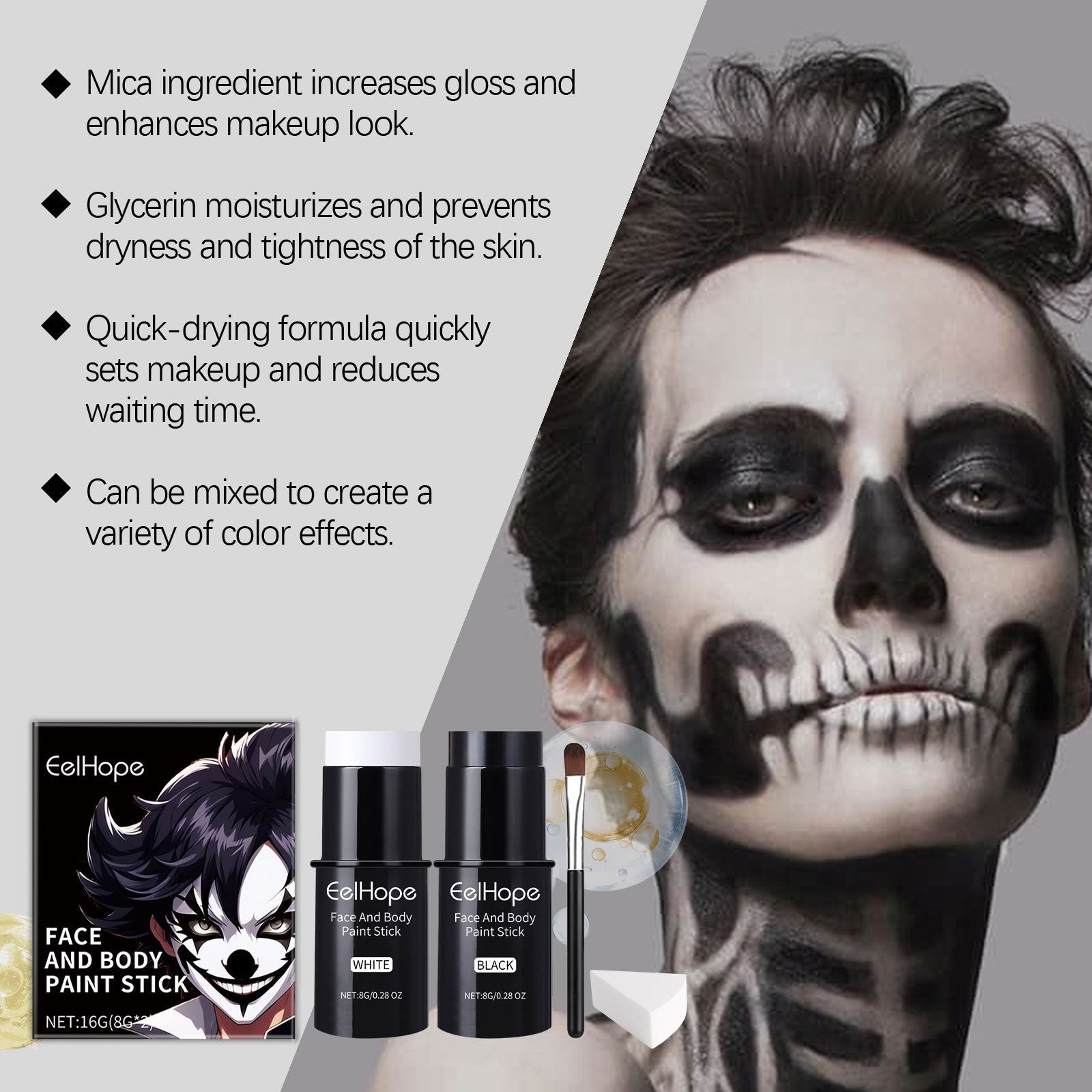 Black White Face Body Paint Kit Cover Foundation Clown Colorful Long Lasting Waterproof Halloween Festive Makeup Accessories Set exovai.com
