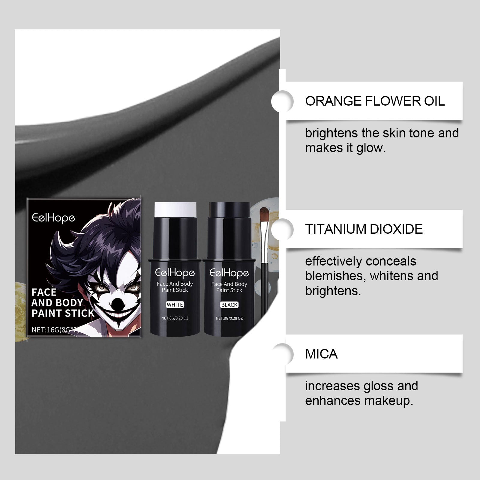 Black White Face Body Paint Kit Cover Foundation Clown Colorful Long Lasting Waterproof Halloween Festive Makeup Accessories Set exovai.com