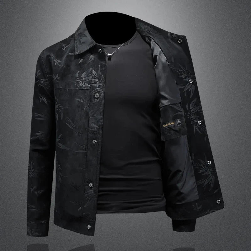 Luxury Flocking Bomber Jacket Mens 2025 Autumn Business Vintage Casual Slim Jacket Lapel Single Breasted Jacquard Coats Jacket exovai.com