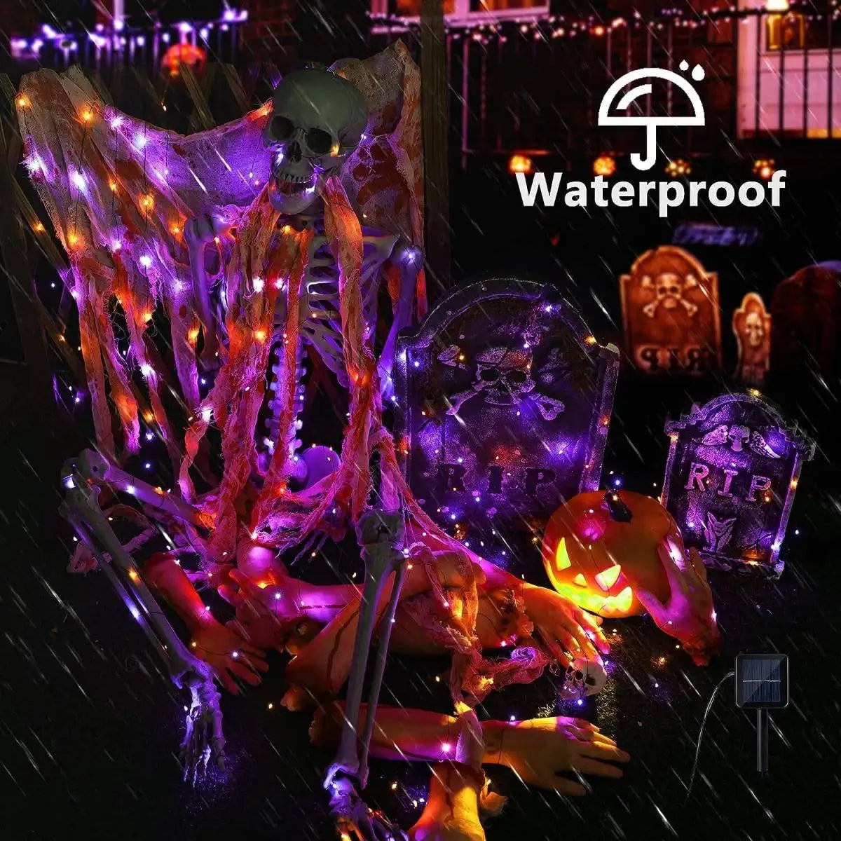 2 Pack 120LED Halloween Solar Powered Black Copper Wire Lamp Lights With 8 Lighting Modes Outdoor Waterproof Horror Atmosphere exovai.com