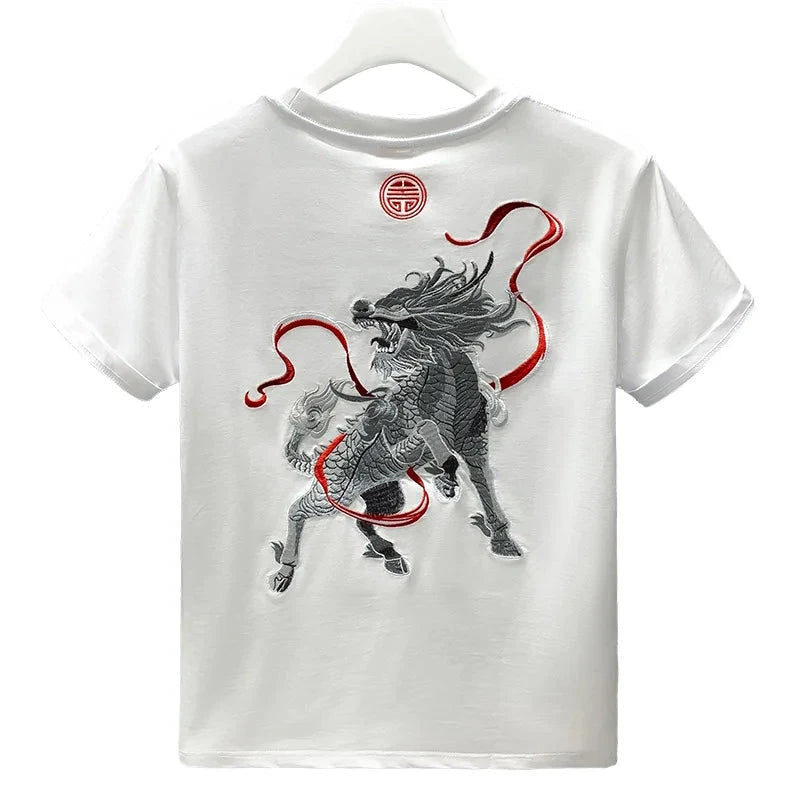 Summer Men T Shirt Harajuku Dragon Embroidery T Shirt Chinese Vintage Tees Tops Cotton Short Sleeve Casual Streetwear 09s Youth exovai.com